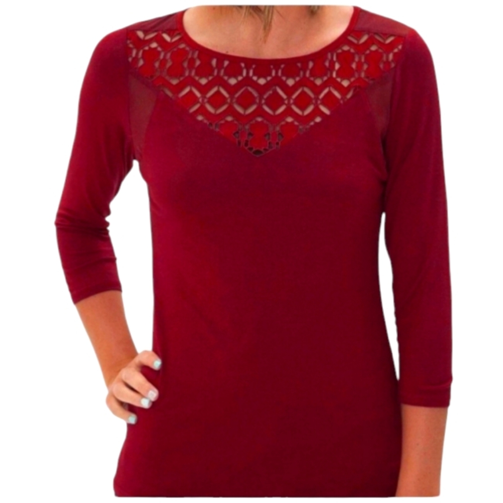 BKE Laser Cutout Top Burgundy Red 3/4 Sleeves Size Small